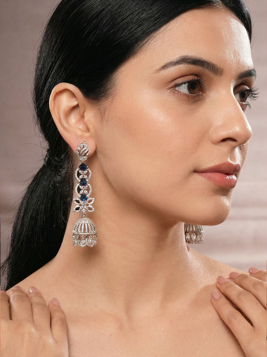 Silver Toned Blue AD Zircon Contemporary Drop Jhumka Earrings