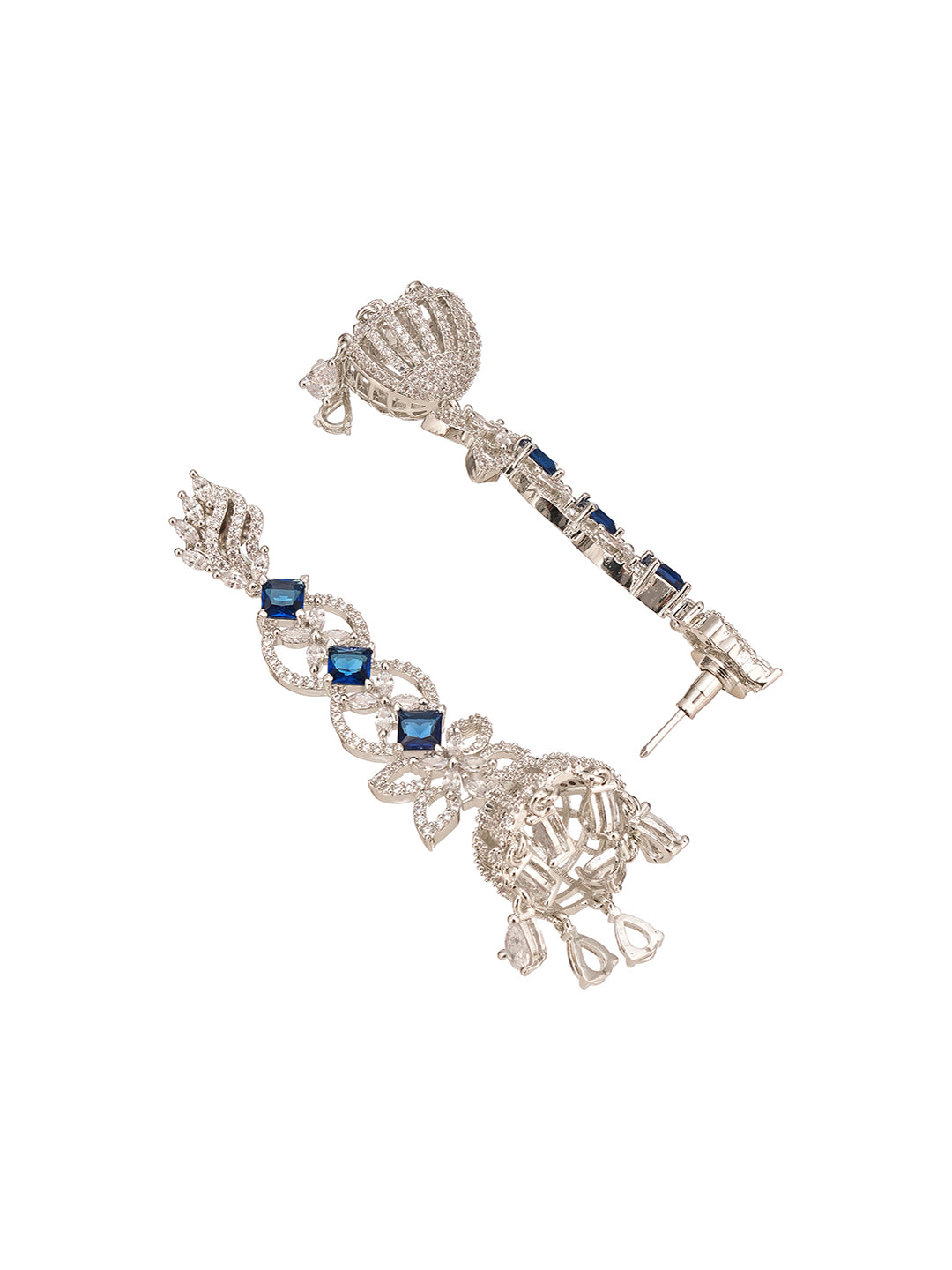 Silver Toned Blue AD Zircon Contemporary Drop Jhumka Earrings