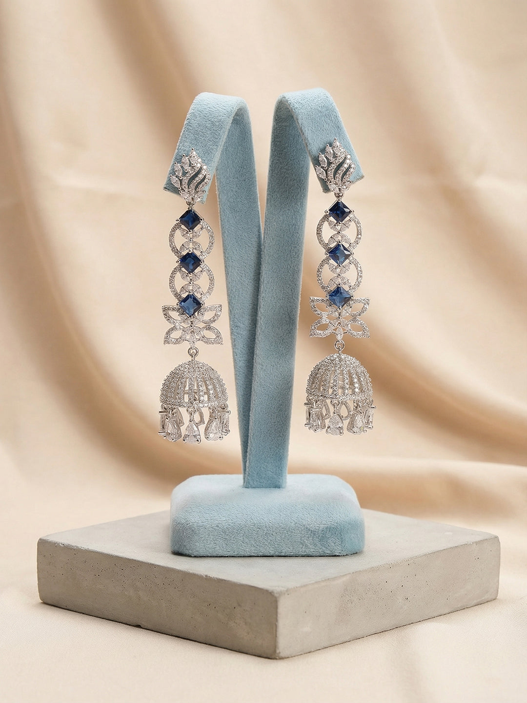 Silver Toned Blue AD Zircon Contemporary Drop Jhumka Earrings