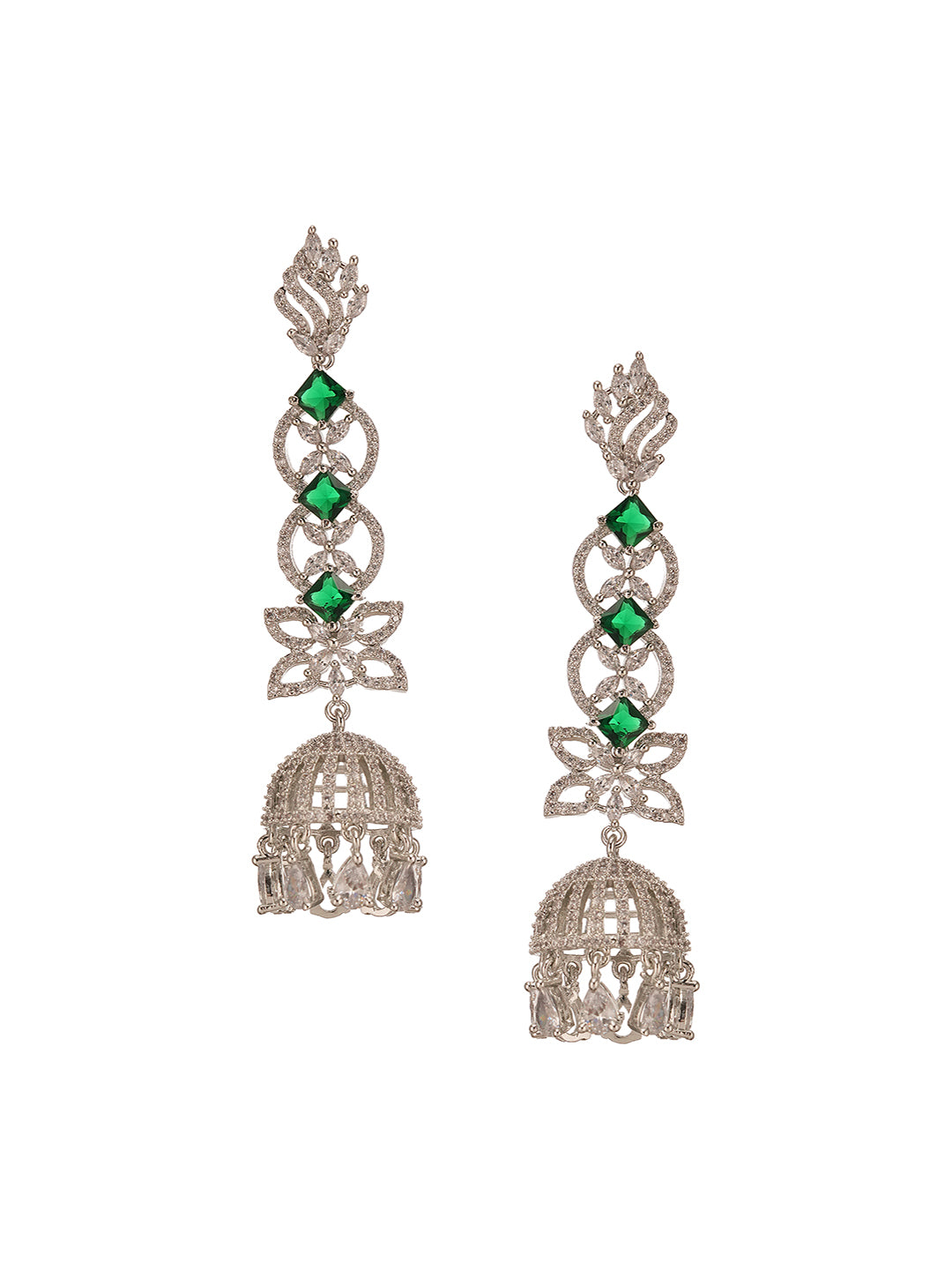 Silver Toned Emerald Green AD Zircon Contemporary Drop Jhumka Earrings