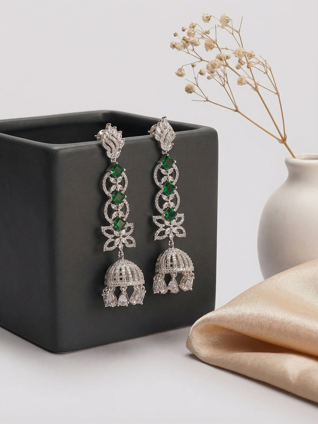 Silver Toned Emerald Green AD Zircon Contemporary Drop Jhumka Earrings