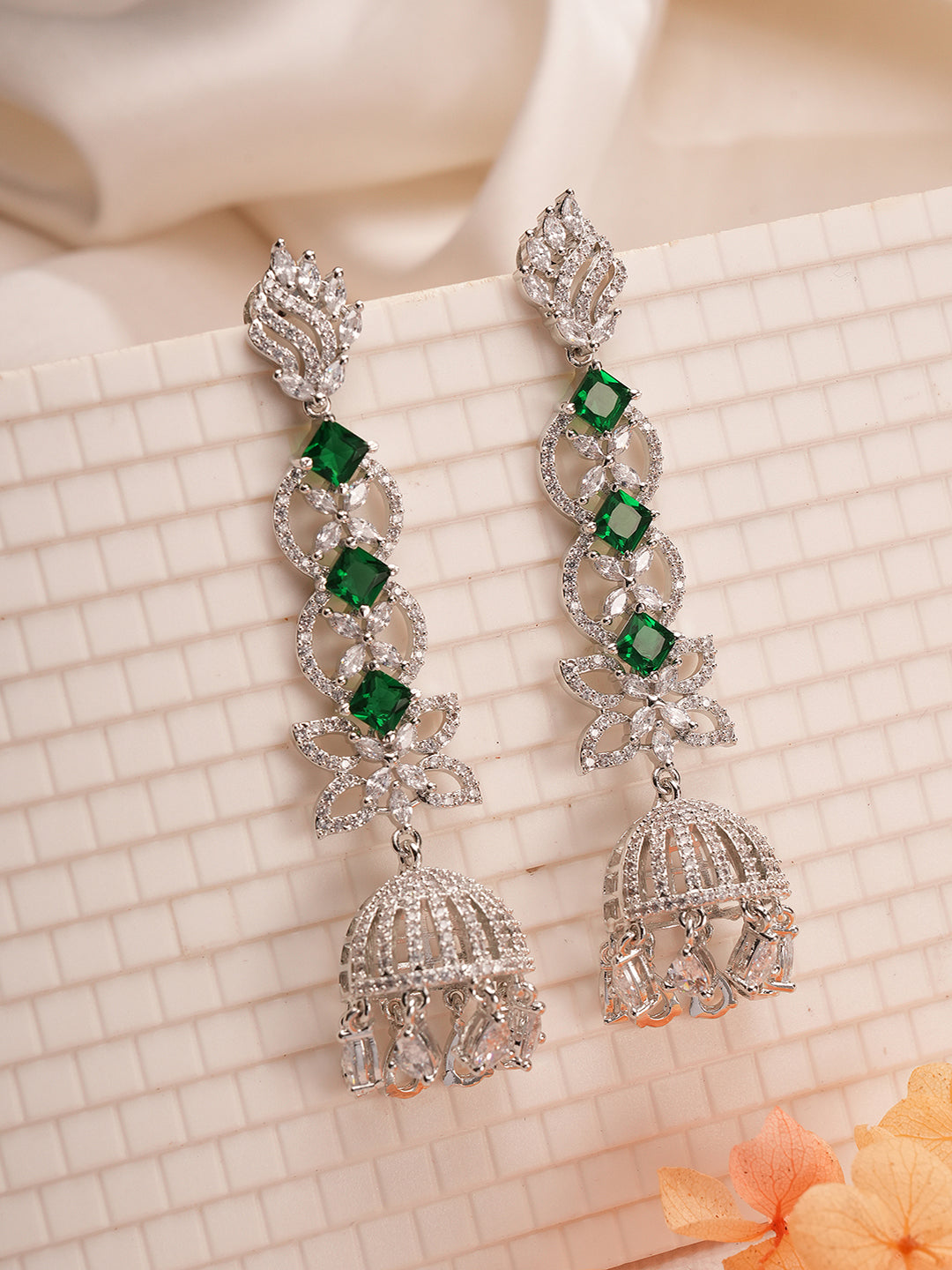 Silver Toned Emerald Green AD Zircon Contemporary Drop Jhumka Earrings