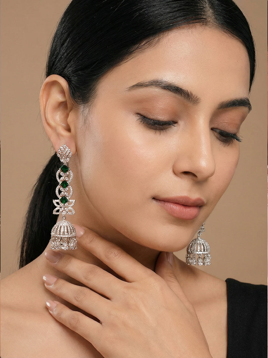 Silver Toned Emerald Green AD Zircon Contemporary Drop Jhumka Earrings
