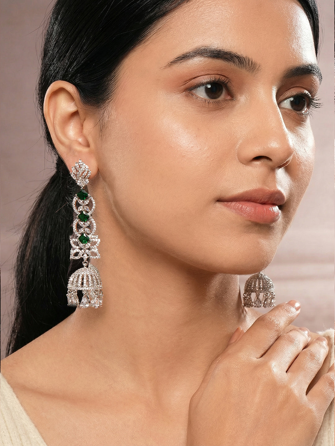 Silver Toned Emerald Green AD Zircon Contemporary Drop Jhumka Earrings