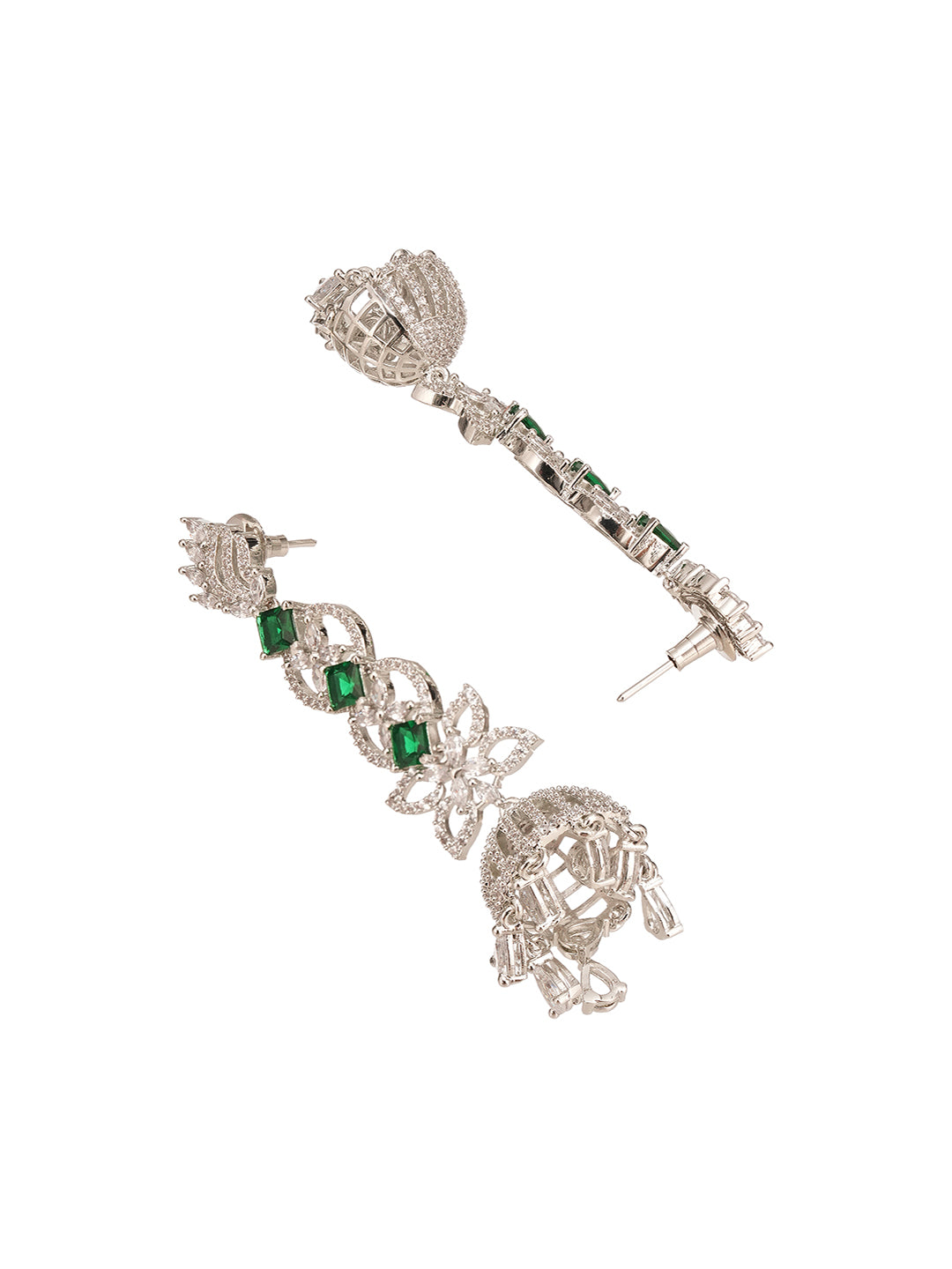 Silver Toned Emerald Green AD Zircon Contemporary Drop Jhumka Earrings