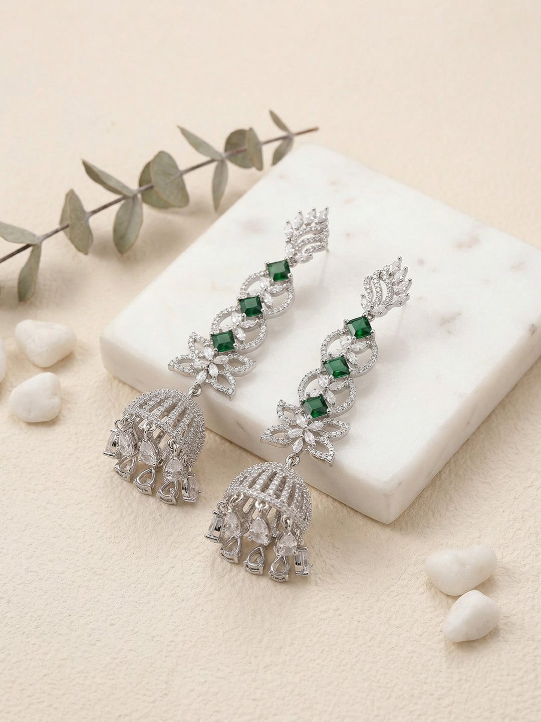 Silver Toned Emerald Green AD Zircon Contemporary Drop Jhumka Earrings