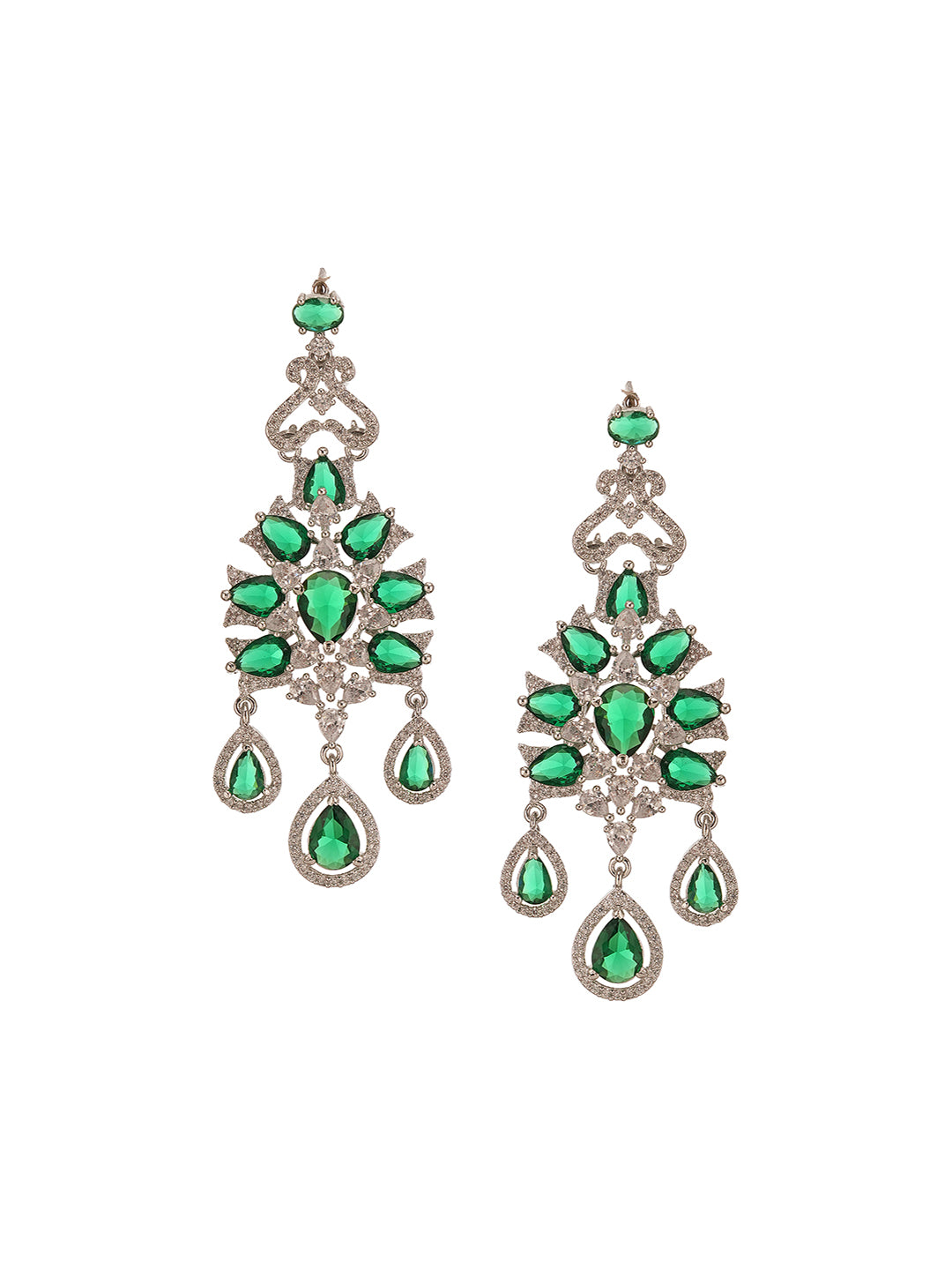 Silver Toned Emerald Green AD Zircon Chandelier Teardrop Statement Earrings