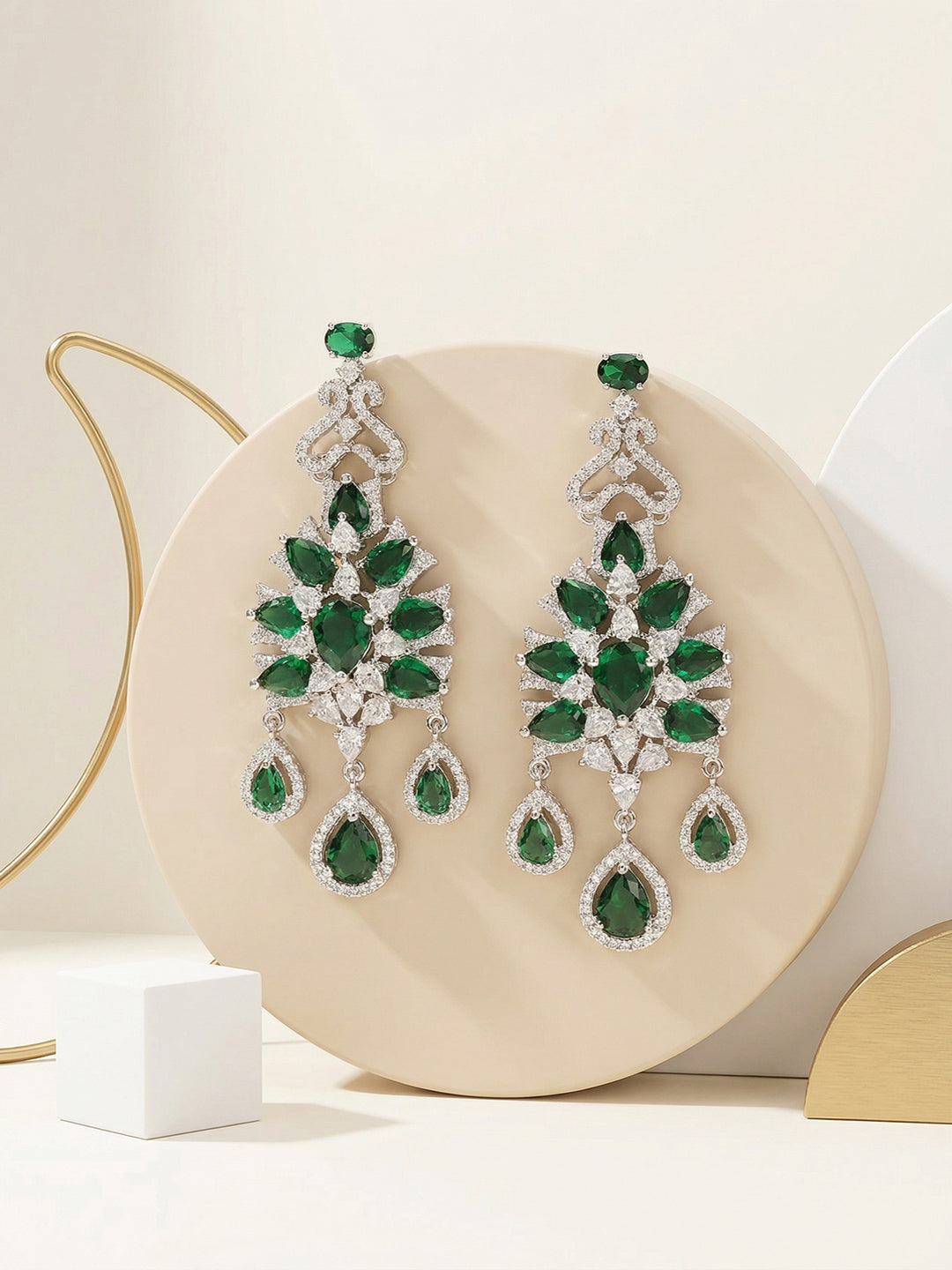 Silver Toned Emerald Green AD Zircon Chandelier Teardrop Statement Earrings
