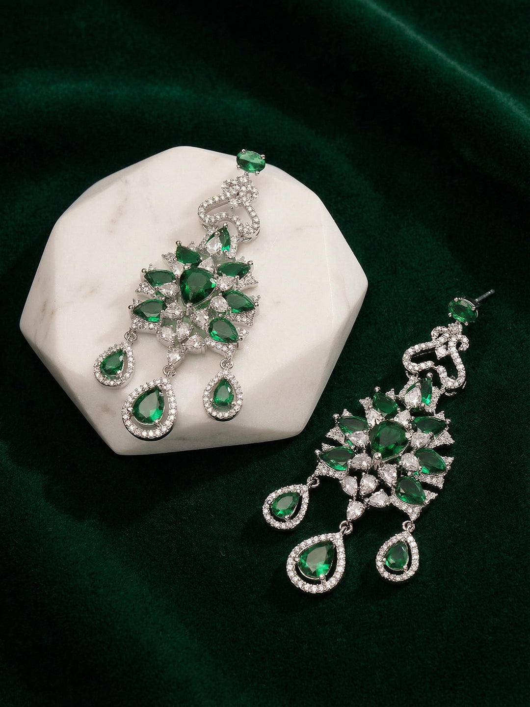 Silver Toned Emerald Green AD Zircon Chandelier Teardrop Statement Earrings