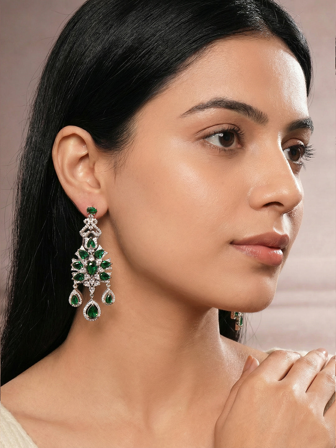 Silver Toned Emerald Green AD Zircon Chandelier Teardrop Statement Earrings