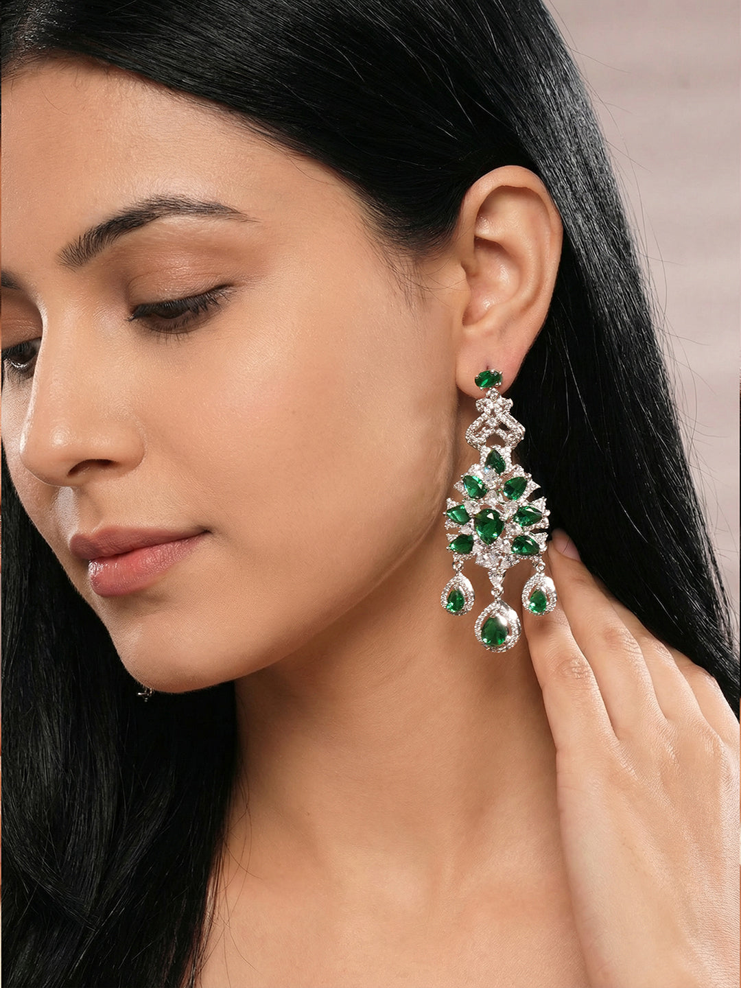 Silver Toned Emerald Green AD Zircon Chandelier Teardrop Statement Earrings