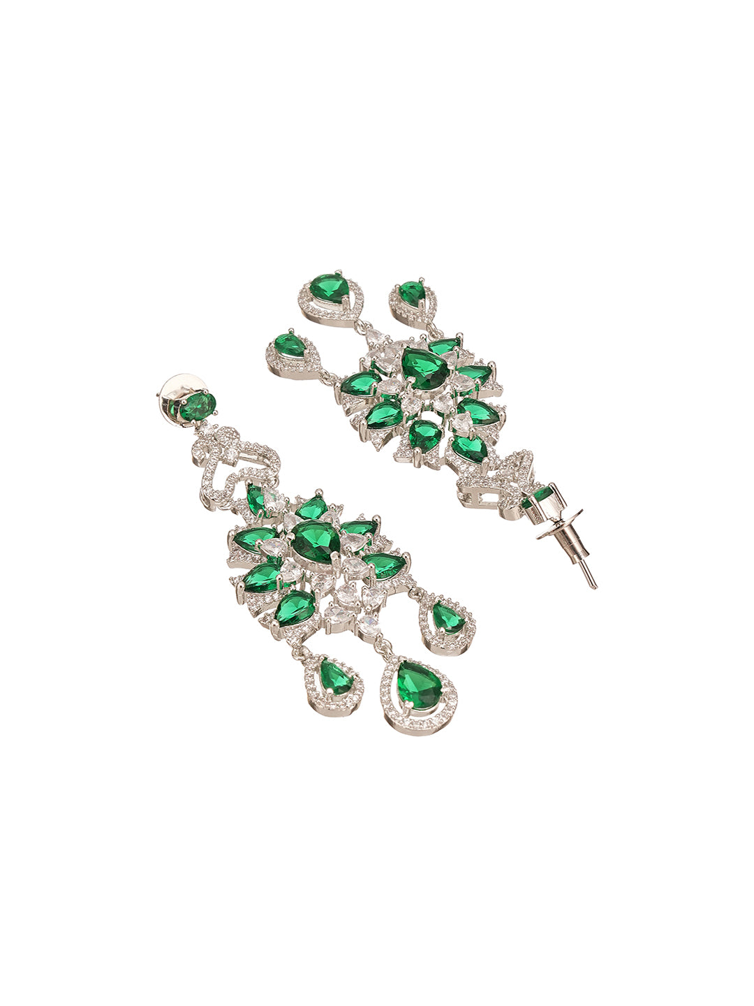 Silver Toned Emerald Green AD Zircon Chandelier Teardrop Statement Earrings