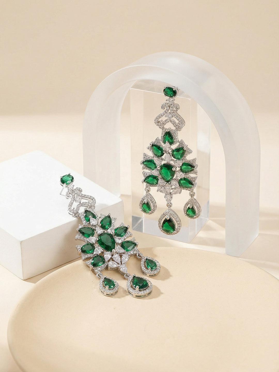 Silver Toned Emerald Green AD Zircon Chandelier Teardrop Statement Earrings