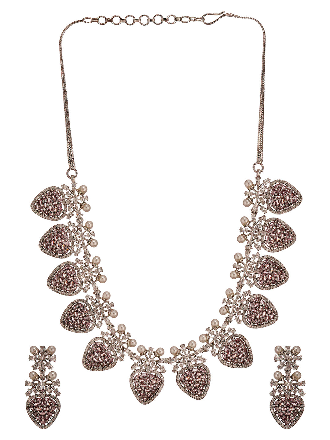 Antique Silver Plated Pink Zircon & Pearl Studded Cocktail Bridal Statement Jewellery Set