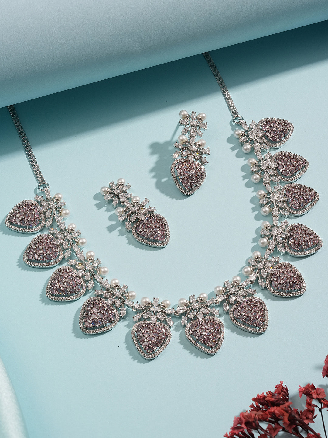Antique Silver Plated Pink Zircon & Pearl Studded Cocktail Bridal Statement Jewellery Set