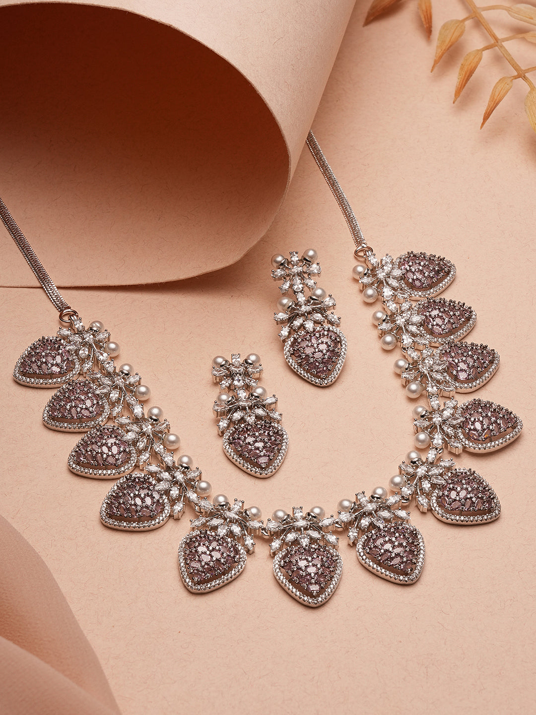 Antique Silver Plated Pink Zircon & Pearl Studded Cocktail Bridal Statement Jewellery Set