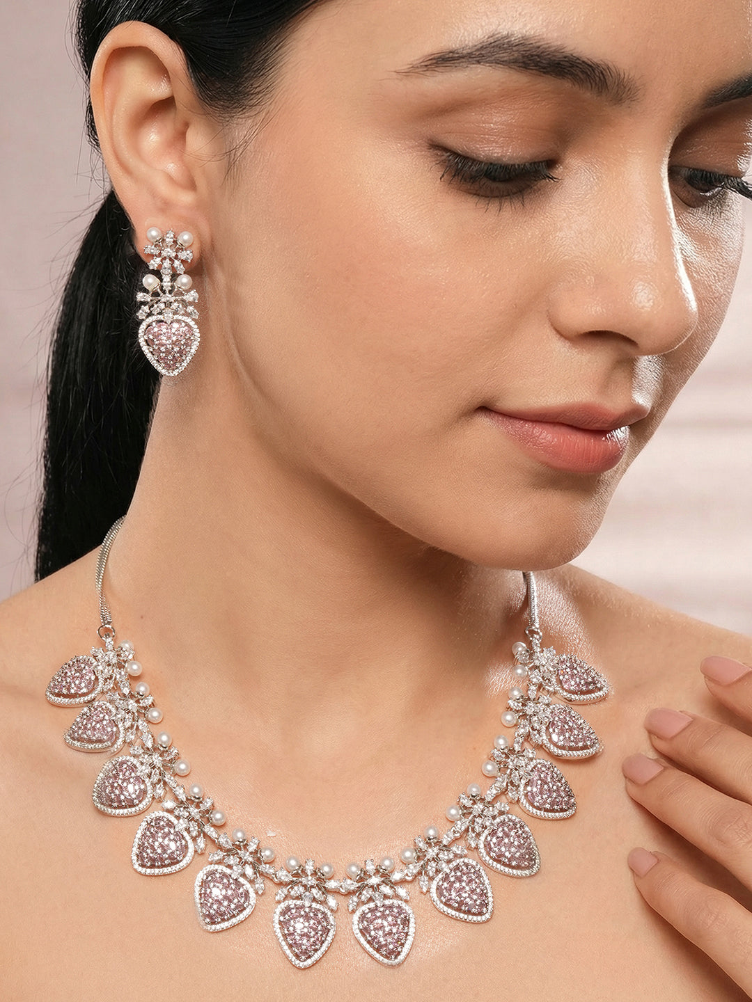 Antique Silver Plated Pink Zircon & Pearl Studded Cocktail Bridal Statement Jewellery Set