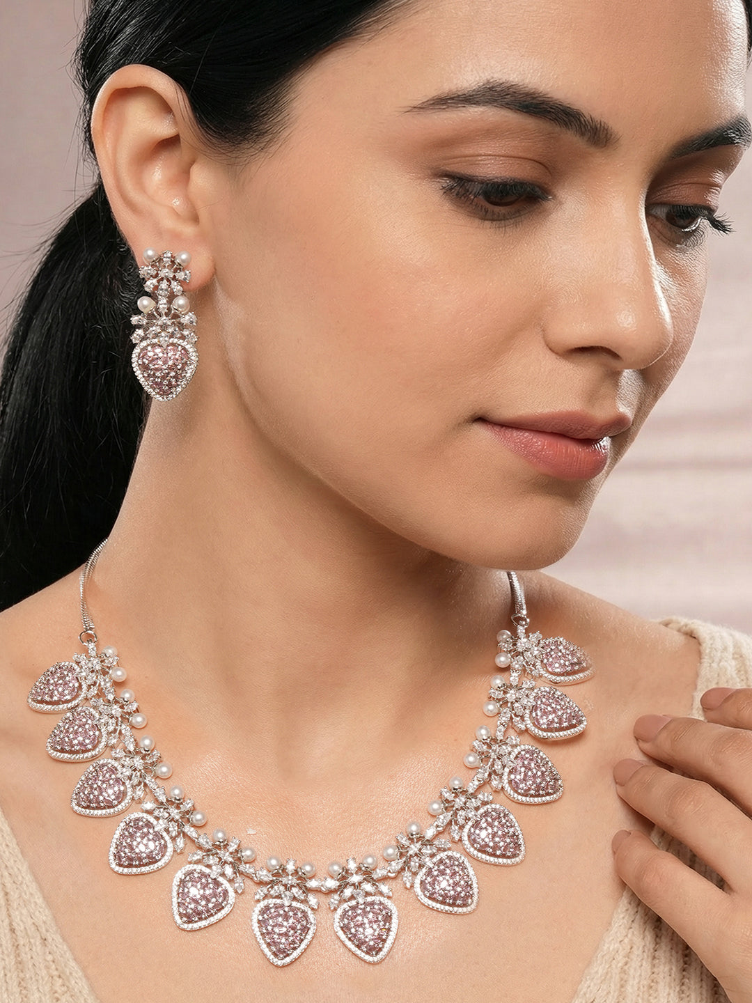 Antique Silver Plated Pink Zircon & Pearl Studded Cocktail Bridal Statement Jewellery Set