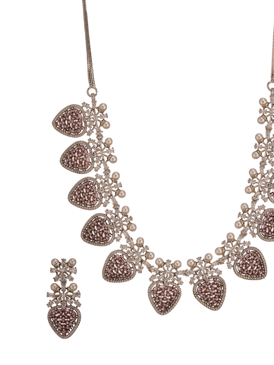 Antique Silver Plated Pink Zircon & Pearl Studded Cocktail Bridal Statement Jewellery Set
