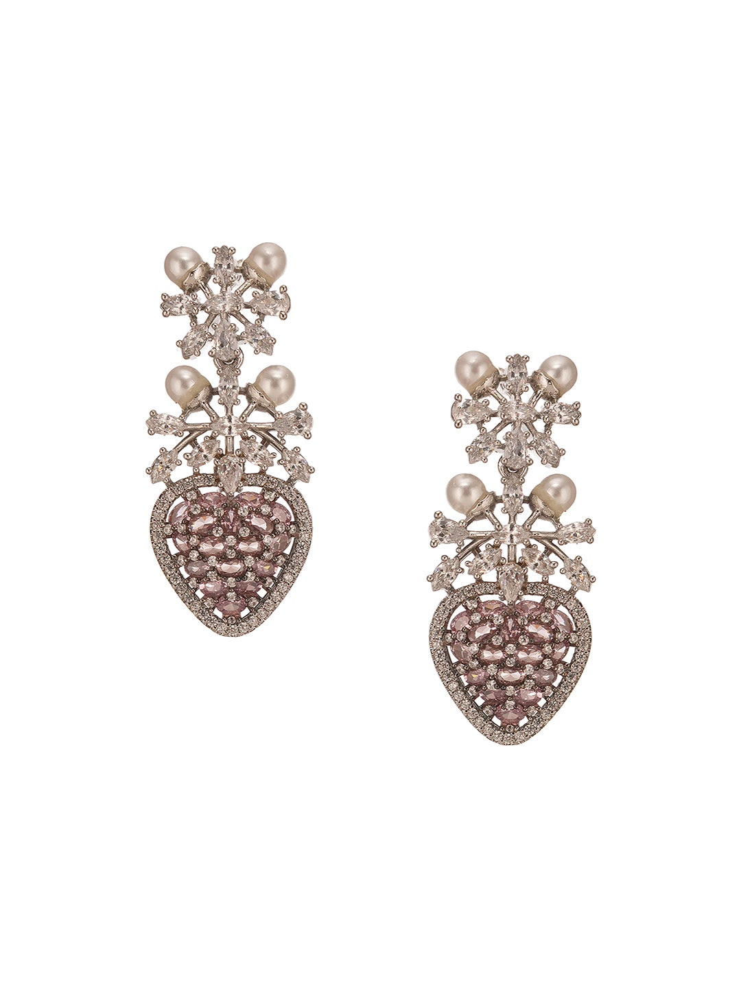 Antique Silver Plated Pink Zircon & Pearl Studded Cocktail Bridal Statement Jewellery Set
