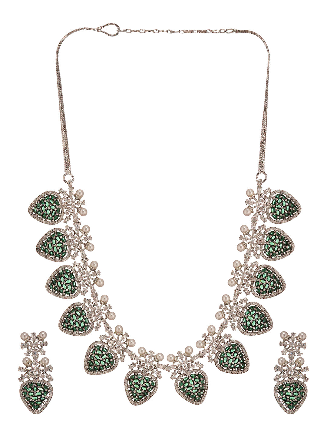 Antique Silver Plated Emerald Green Zircon & Pearl Studded Cocktail Bridal Statement Jewellery Set