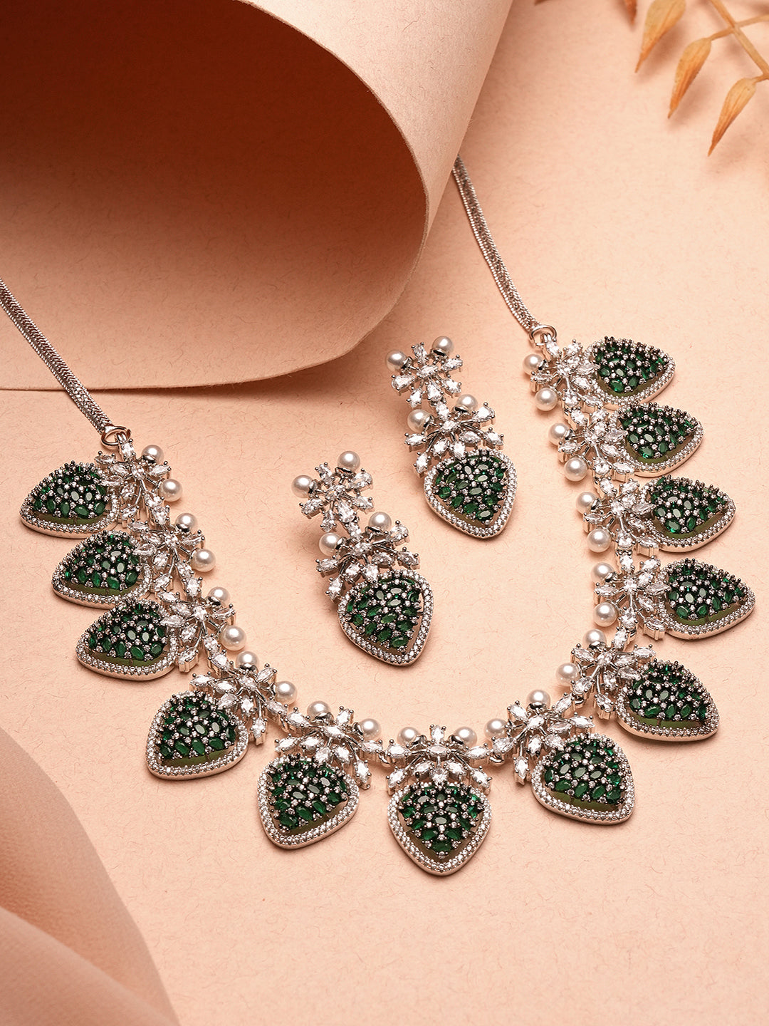 Antique Silver Plated Emerald Green Zircon & Pearl Studded Cocktail Bridal Statement Jewellery Set