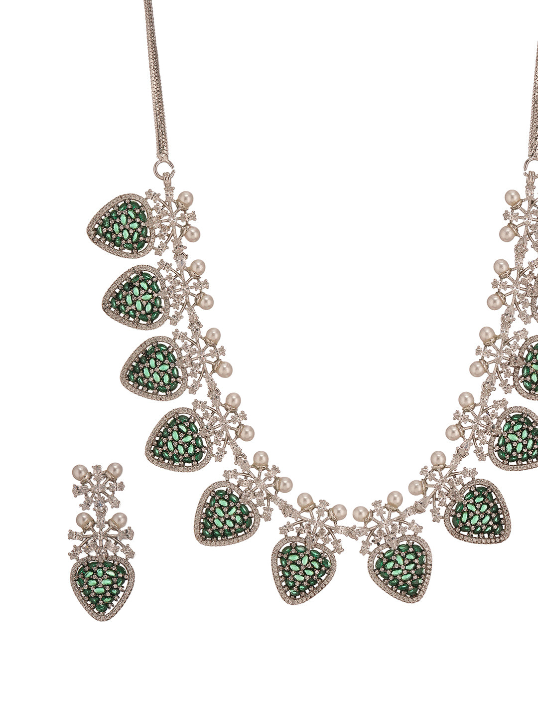 Antique Silver Plated Emerald Green Zircon & Pearl Studded Cocktail Bridal Statement Jewellery Set
