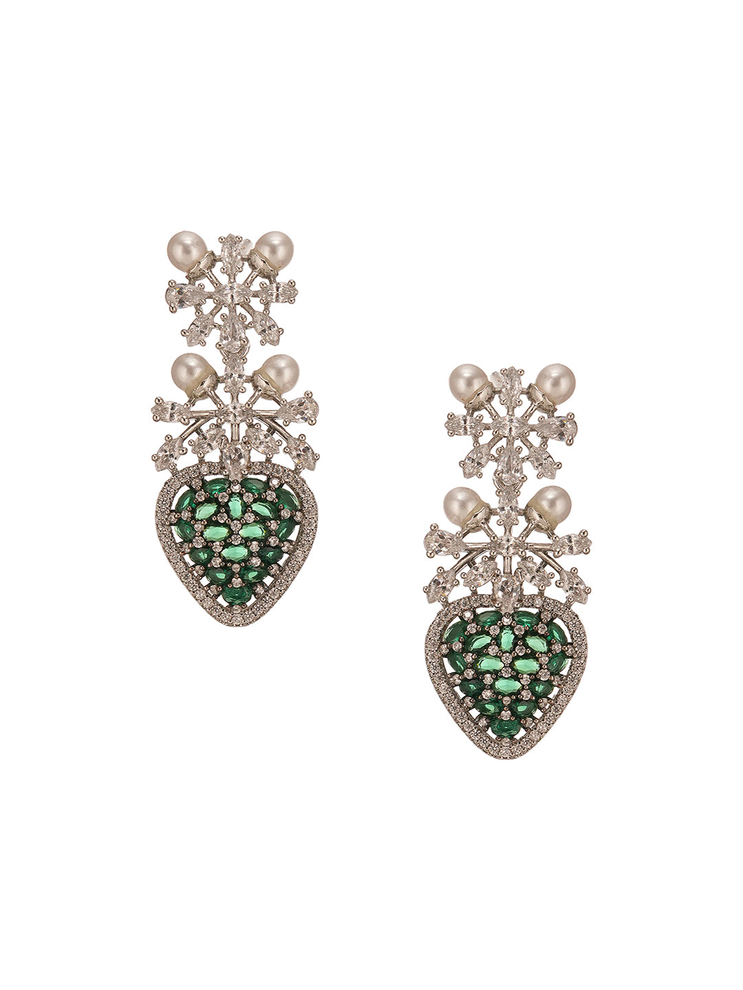 Antique Silver Plated Emerald Green Zircon & Pearl Studded Cocktail Bridal Statement Jewellery Set