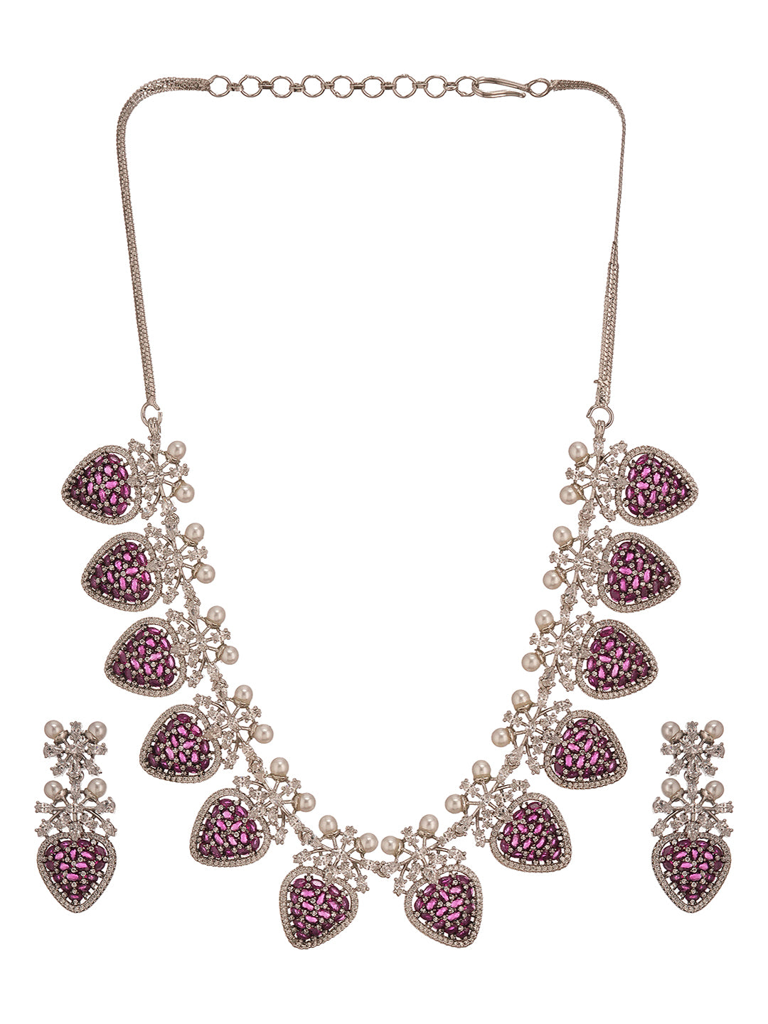 Antique Silver Plated Red Zircon & Pearl Studded Cocktail Bridal Statement Jewellery Set
