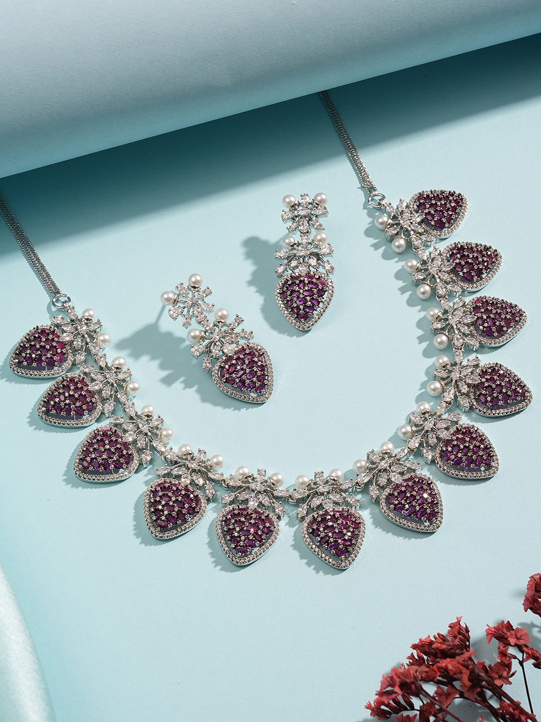 Antique Silver Plated Red Zircon & Pearl Studded Cocktail Bridal Statement Jewellery Set