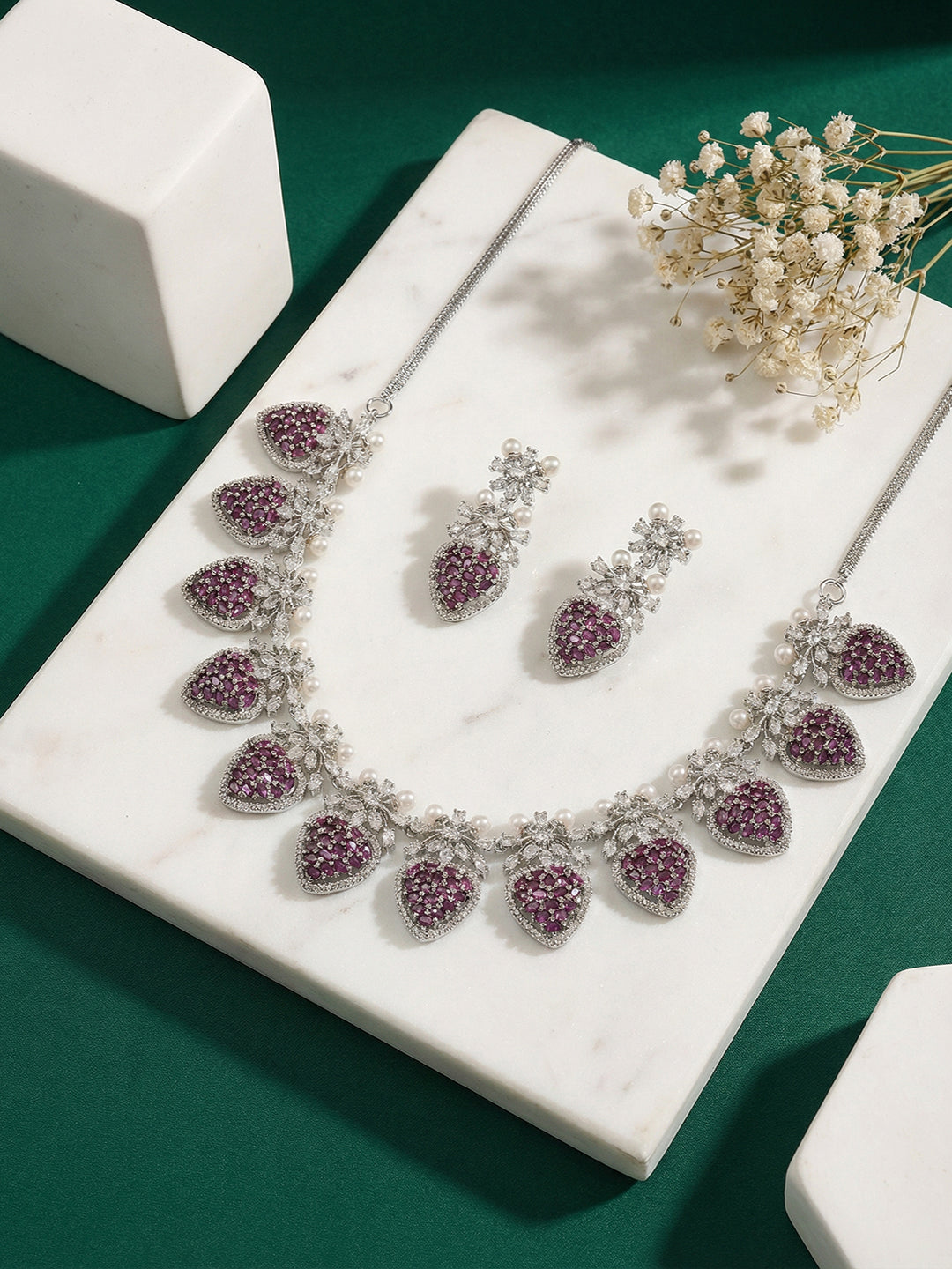 Antique Silver Plated Red Zircon & Pearl Studded Cocktail Bridal Statement Jewellery Set