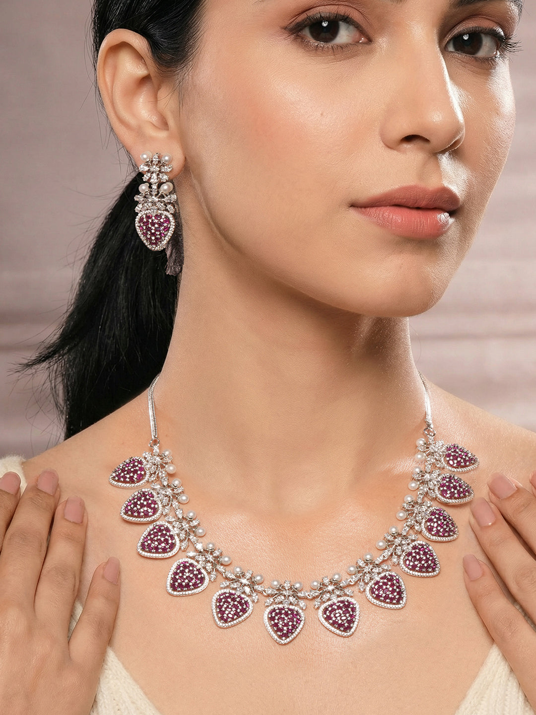Antique Silver Plated Red Zircon & Pearl Studded Cocktail Bridal Statement Jewellery Set