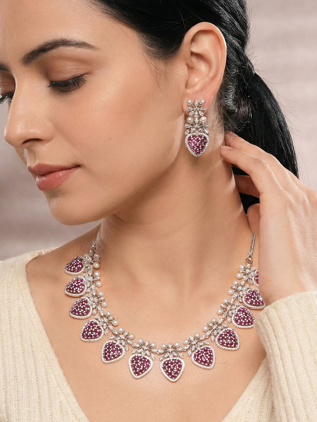 Antique Silver Plated Red Zircon & Pearl Studded Cocktail Bridal Statement Jewellery Set