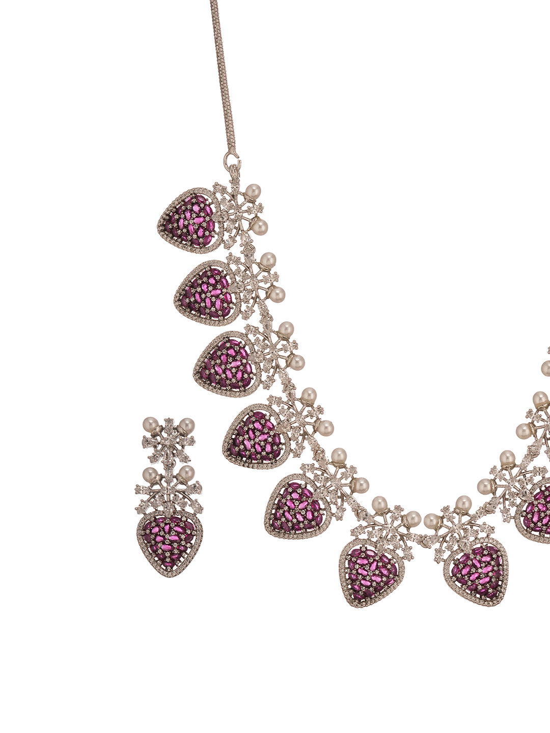 Antique Silver Plated Red Zircon & Pearl Studded Cocktail Bridal Statement Jewellery Set