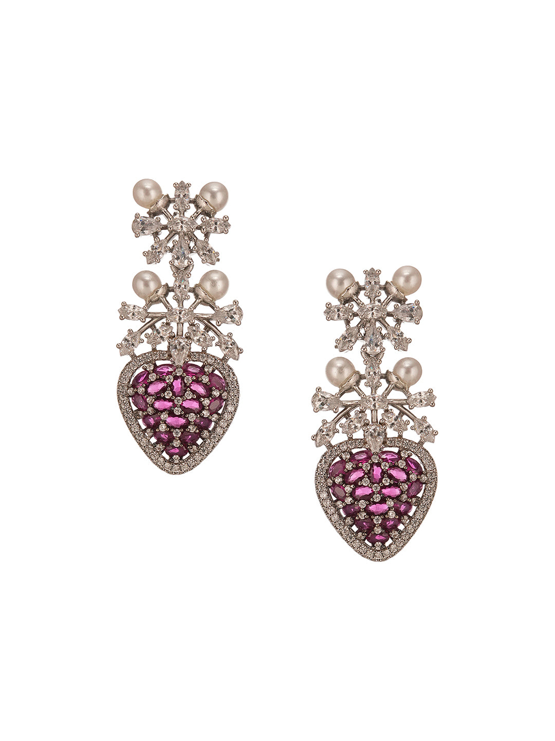 Antique Silver Plated Red Zircon & Pearl Studded Cocktail Bridal Statement Jewellery Set