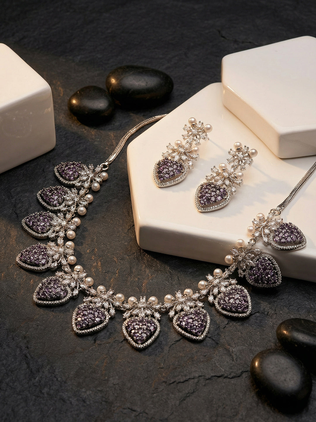 Antique Silver Plated Blue Zircon & Pearl Studded Cocktail Bridal Statement Jewellery Set