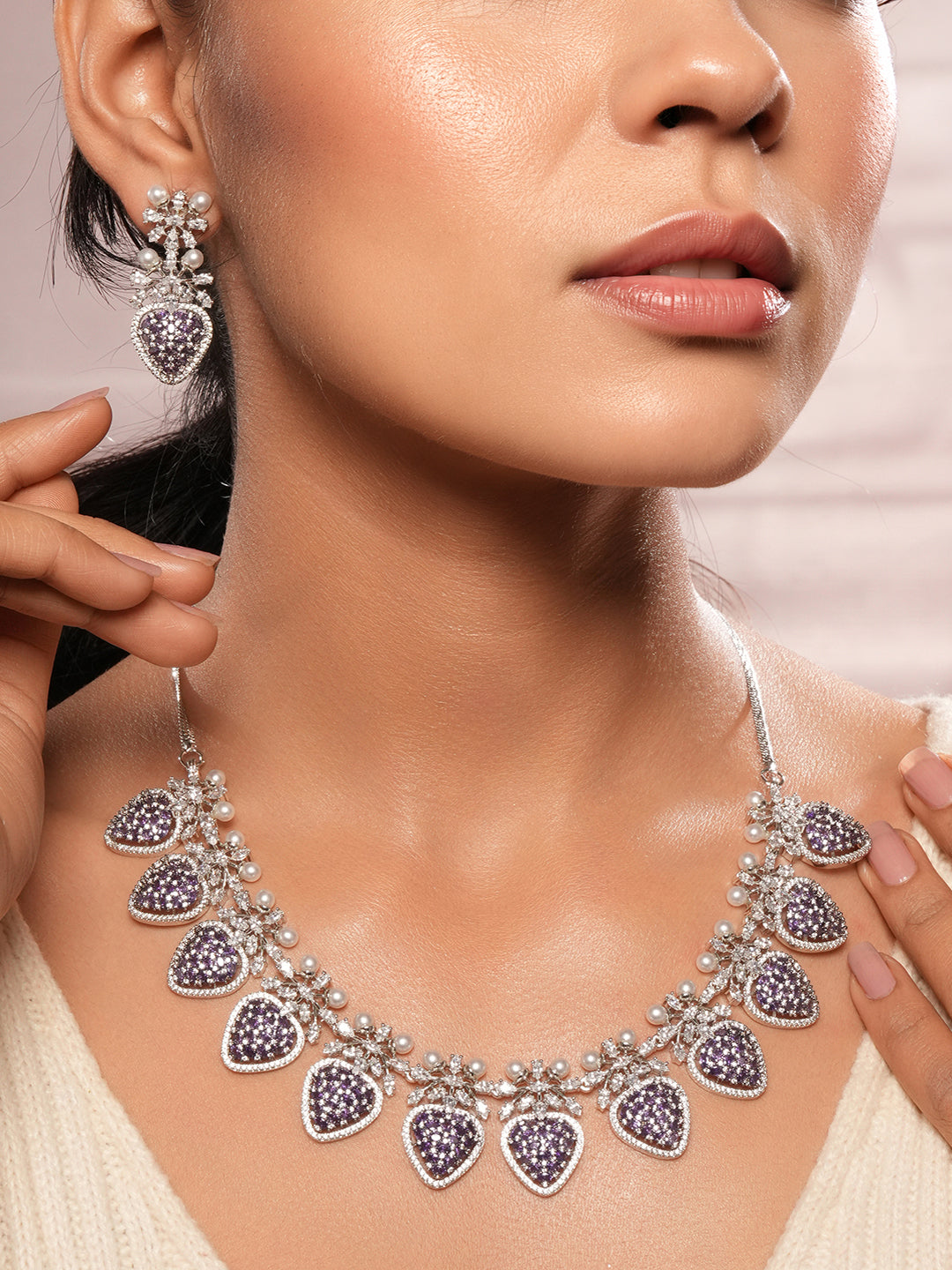 Antique Silver Plated Blue Zircon & Pearl Studded Cocktail Bridal Statement Jewellery Set