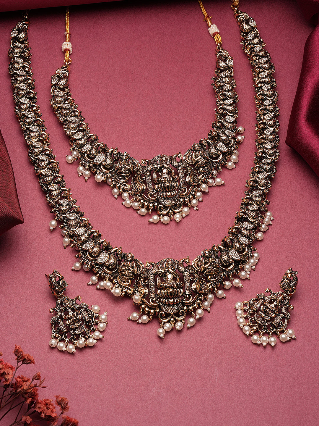 Combo Black Gold Victorian Zircon Temple Lord Krishna Jewellery Set