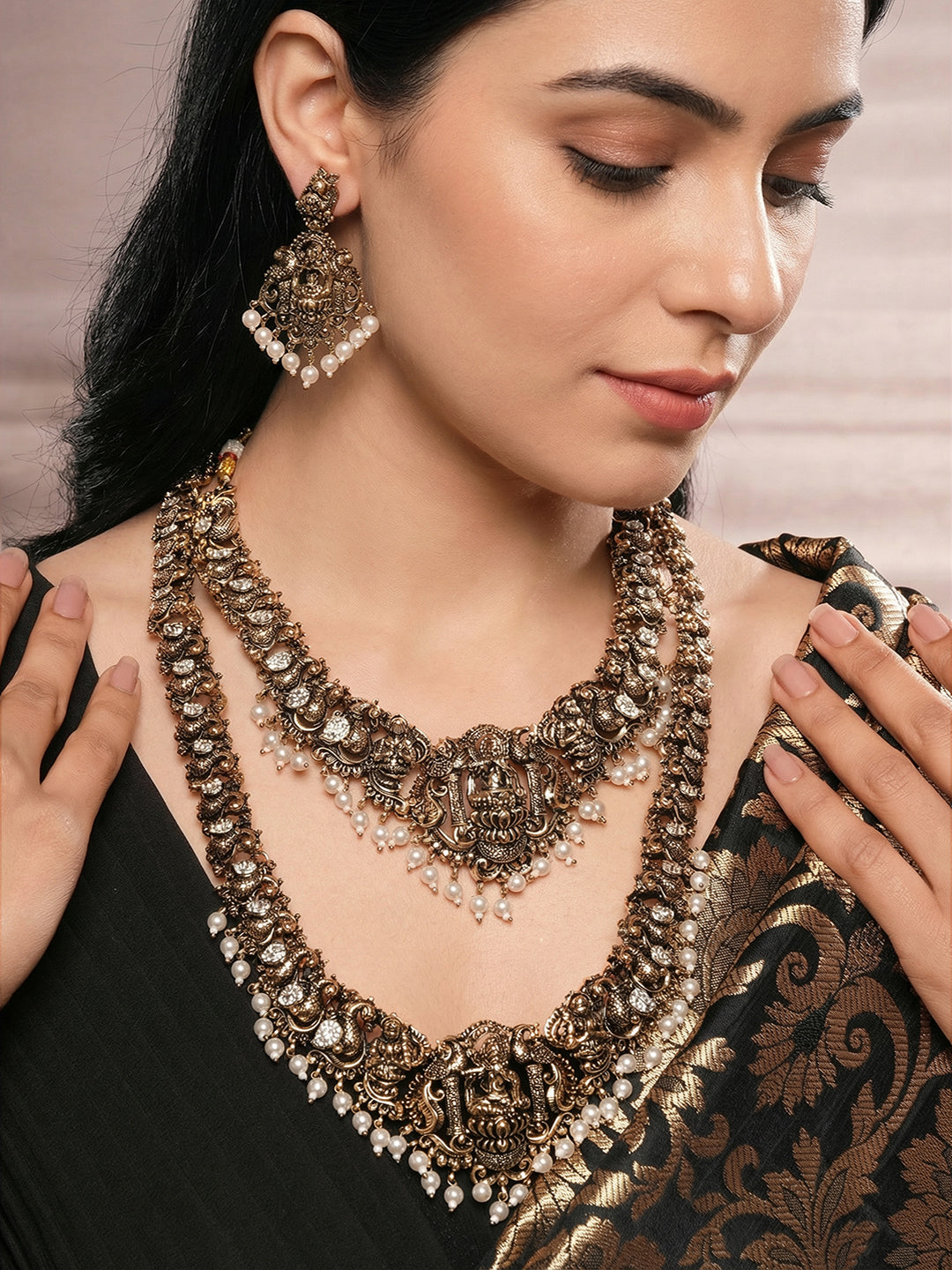 Combo Black Gold Victorian Zircon Temple Lord Krishna Jewellery Set