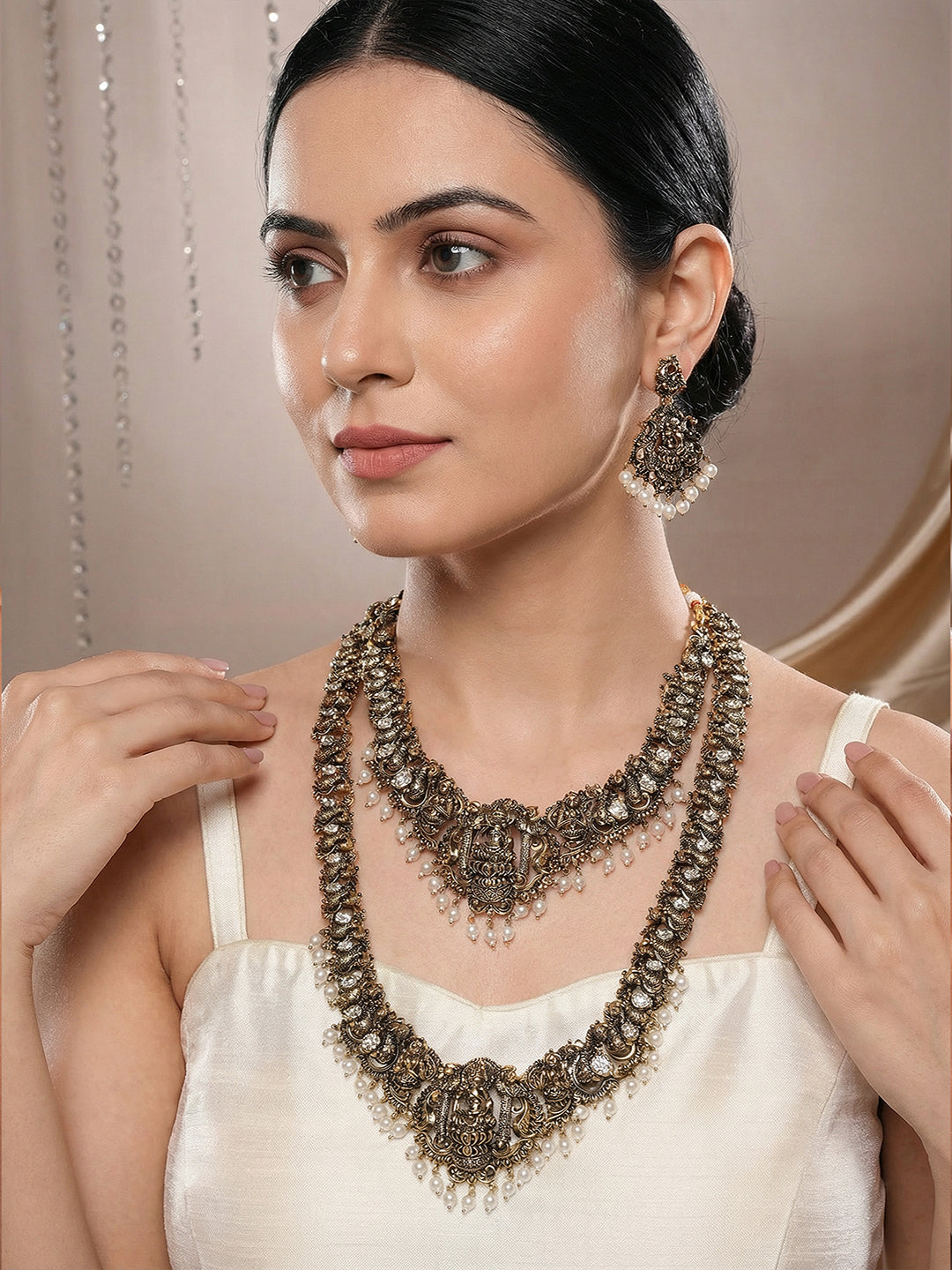 Combo Black Gold Victorian Zircon Temple Lord Krishna Jewellery Set