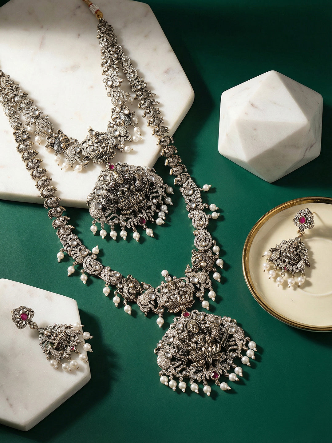 Combo Black Gold Victorian White Zircon Studded Temple Lakshmi Jewellery Set