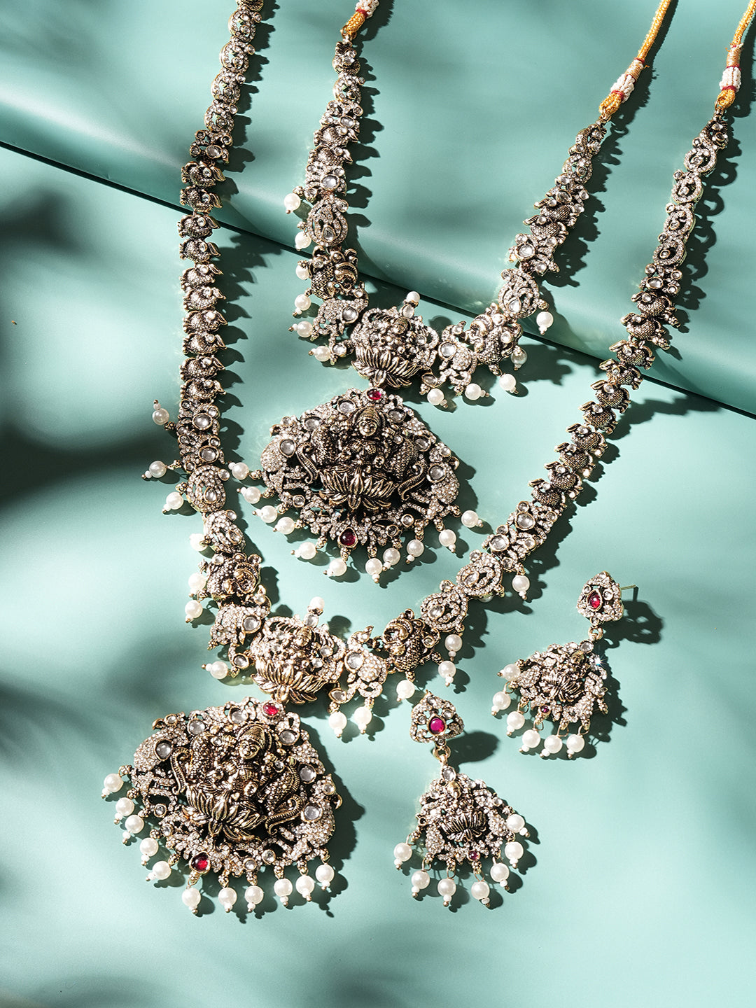 Combo Black Gold Victorian White Zircon Studded Temple Lakshmi Jewellery Set