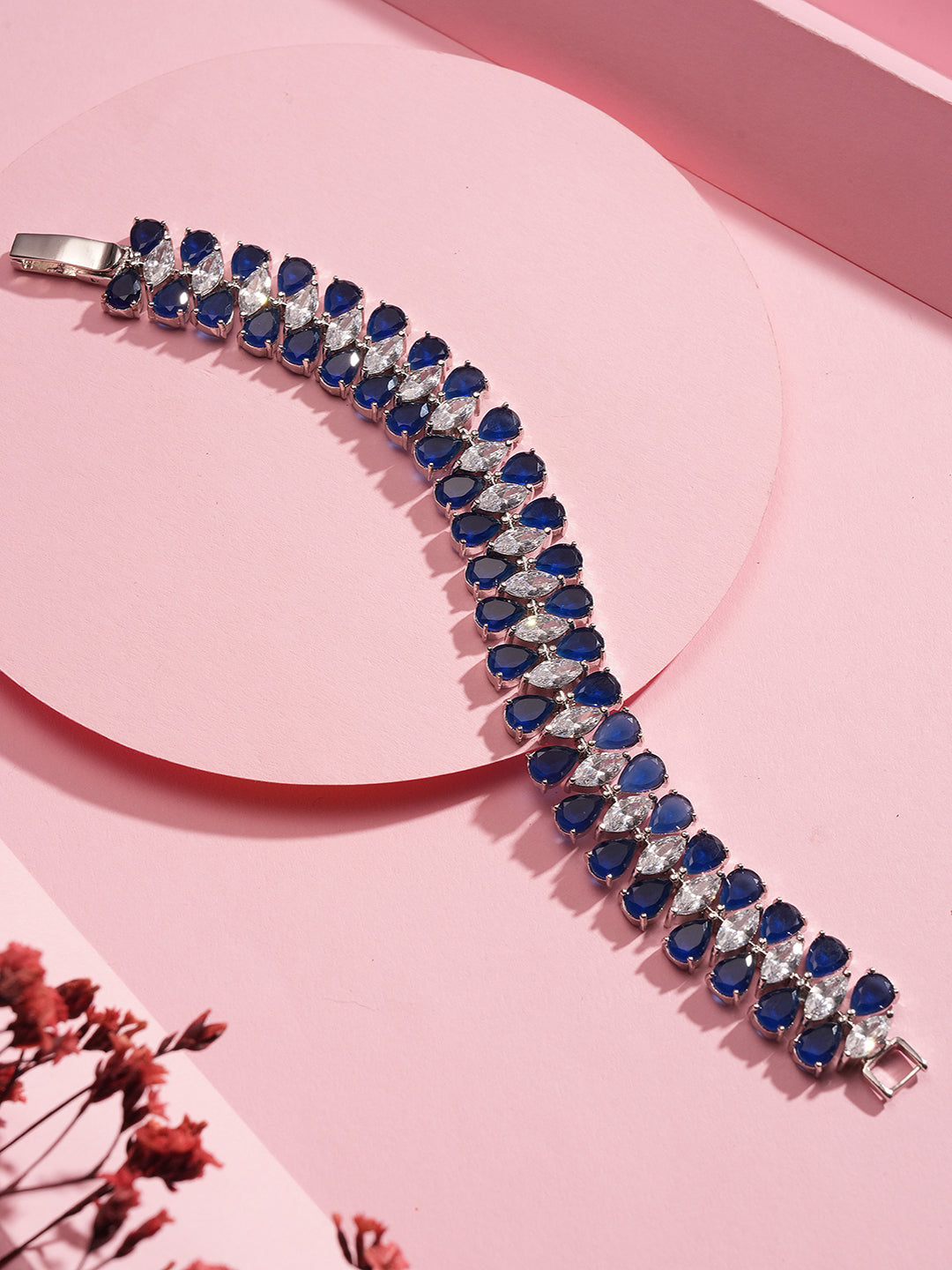 Silver Plated Blue AD Zircon Studded Tennis Wraparound Statement Bracelet