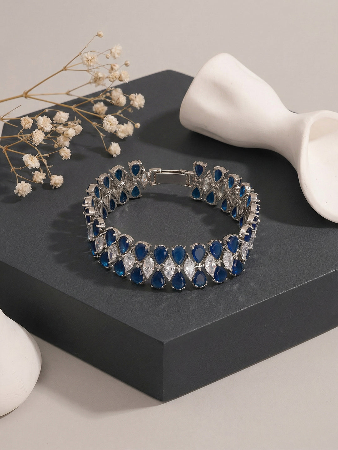 Silver Plated Blue AD Zircon Studded Tennis Wraparound Statement Bracelet