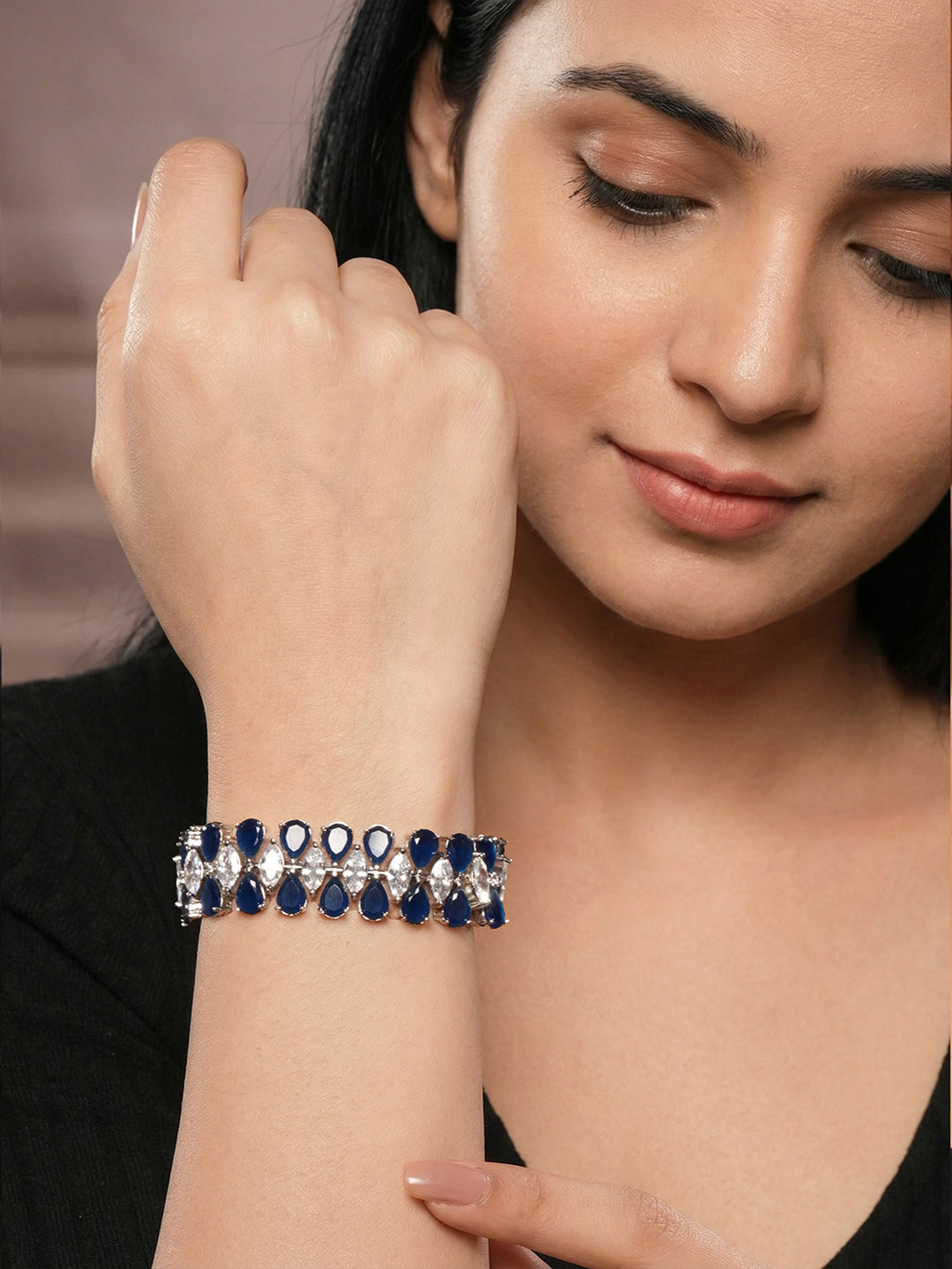 Silver Plated Blue AD Zircon Studded Tennis Wraparound Statement Bracelet