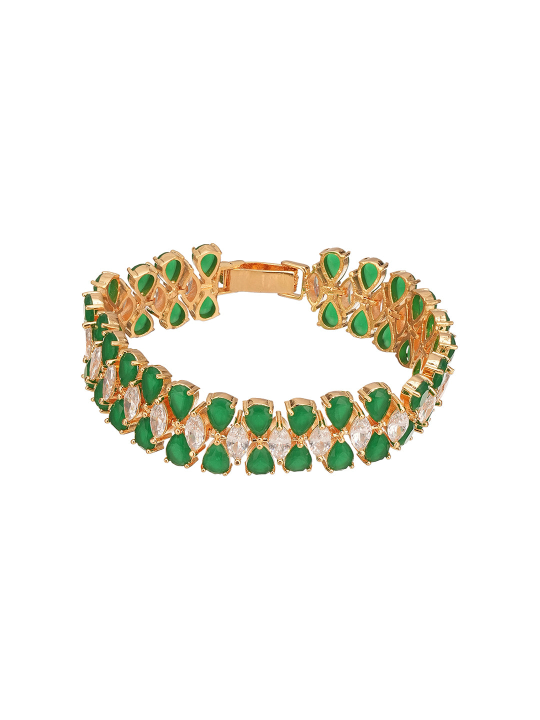 Gold Plated Green Emerald AD Zircon Studded Tennis Wraparound Statement Bracelet