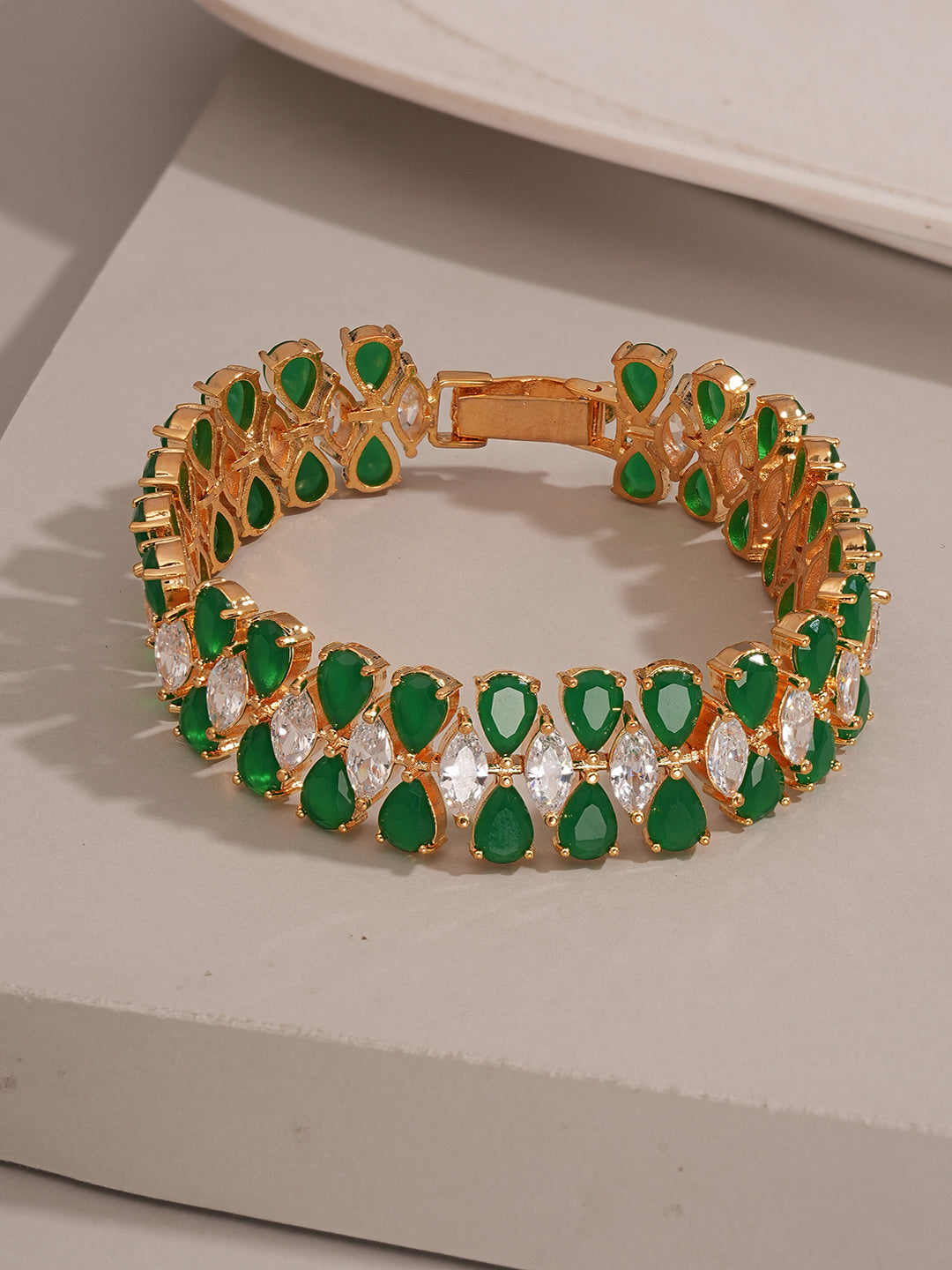 Gold Plated Green Emerald AD Zircon Studded Tennis Wraparound Statement Bracelet