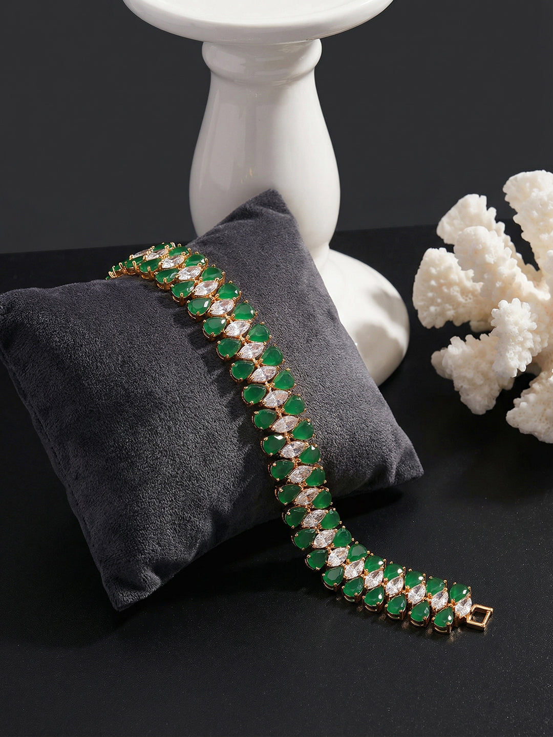 Gold Plated Green Emerald AD Zircon Studded Tennis Wraparound Statement Bracelet