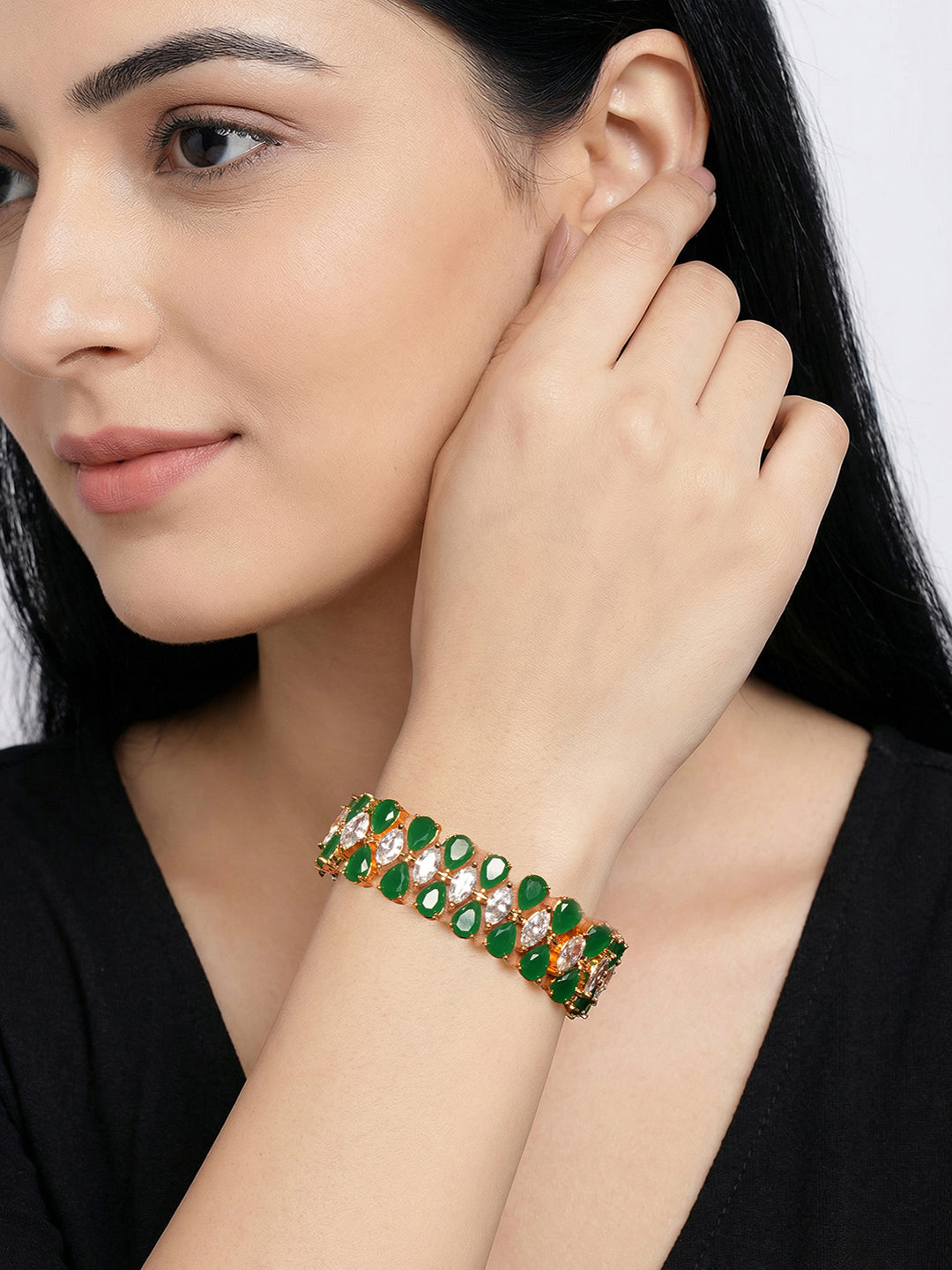 Gold Plated Green Emerald AD Zircon Studded Tennis Wraparound Statement Bracelet