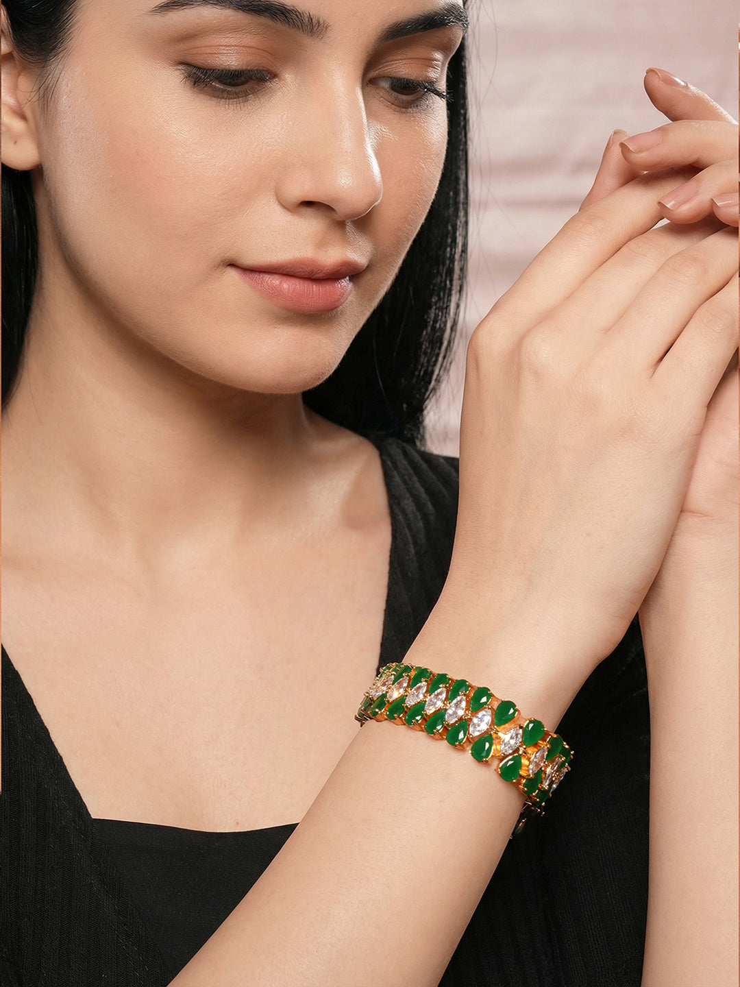 Gold Plated Green Emerald AD Zircon Studded Tennis Wraparound Statement Bracelet